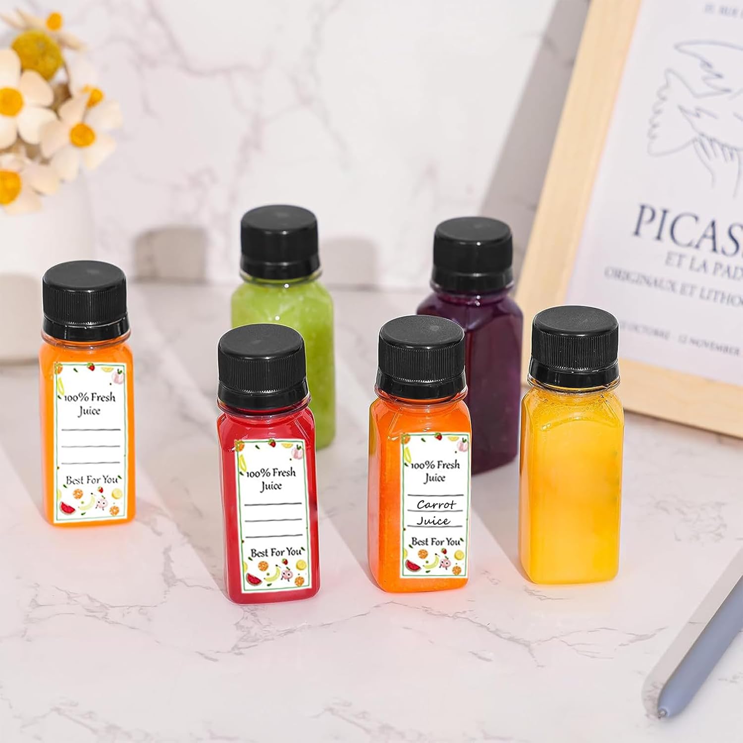 12PCS 2oz Small Plastic Juice Bottles with Lids Labels Small Funnels, Reusable Transparent Plastic Bottles Suitable for Ginger Juice and Other Beverages - Image 8