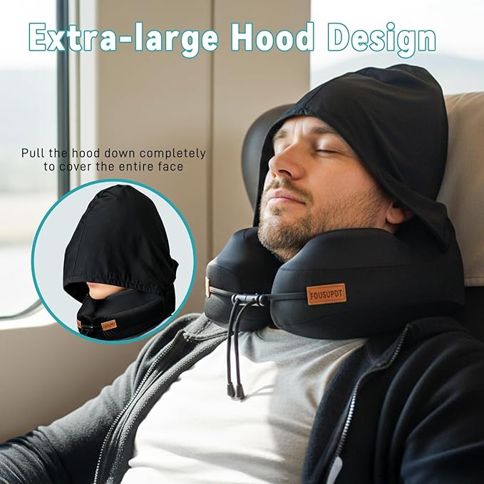 Almohada de Viaje con Capucha Espuma Viscoelástica Negra miniatura 3