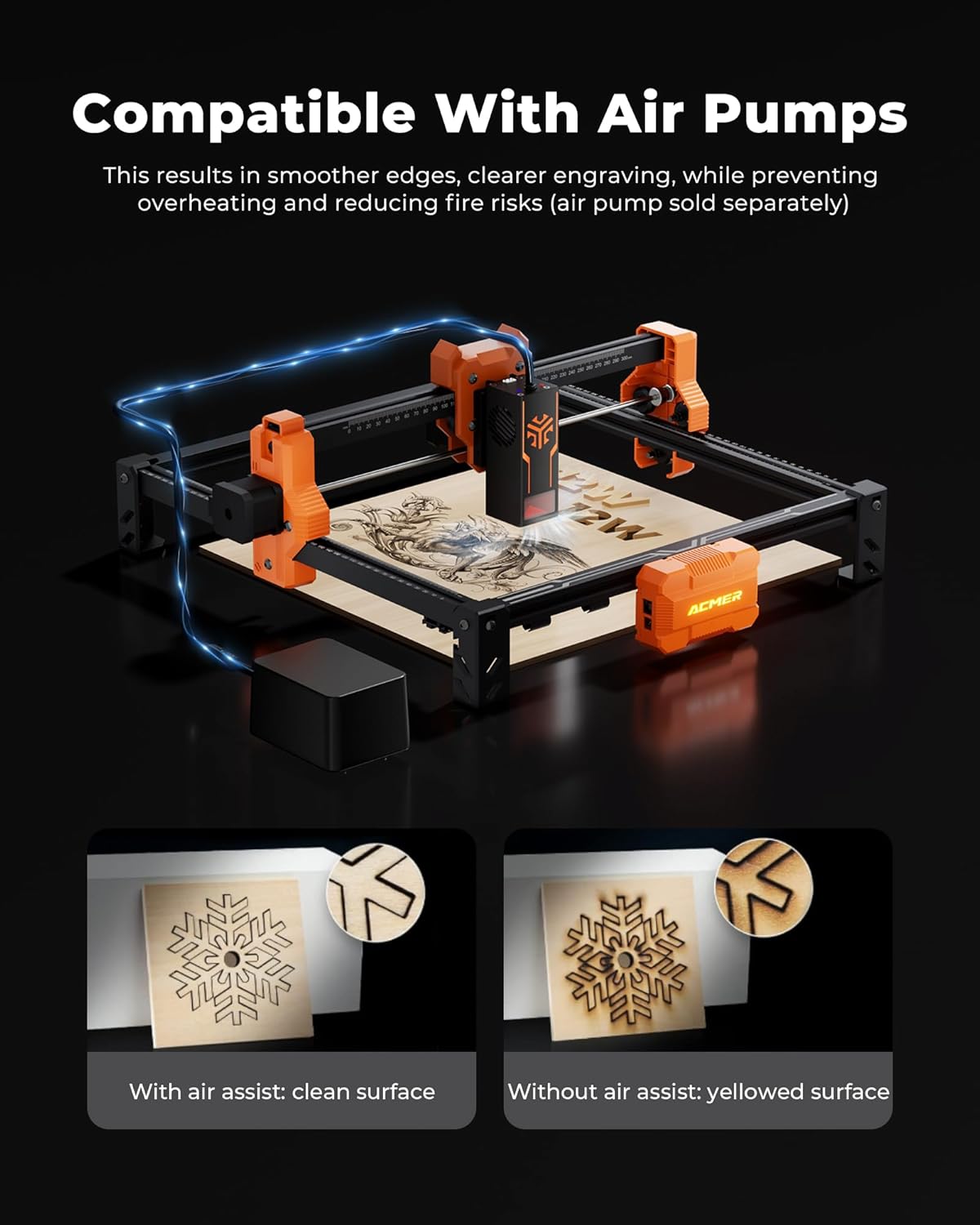 Comparison of engraving results with and without an air assist pump, showing cleaner cuts with air assist.