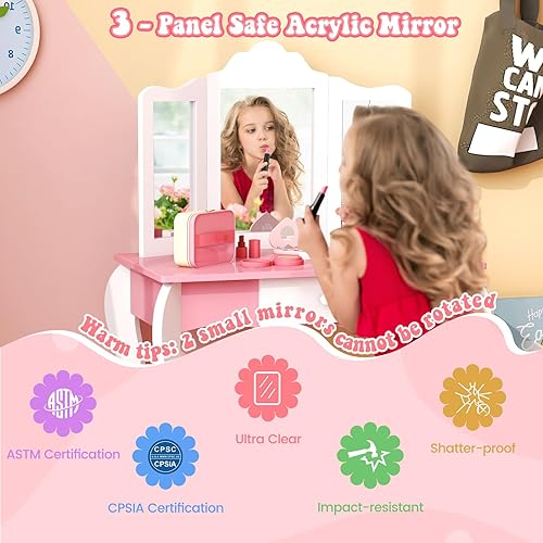 Miniatura 4 de Costzon Juego de mesa y silla para niños, juego de tocador para niñas con espejo y taburete, cajón de almacenamiento, tocador de maquillaje de