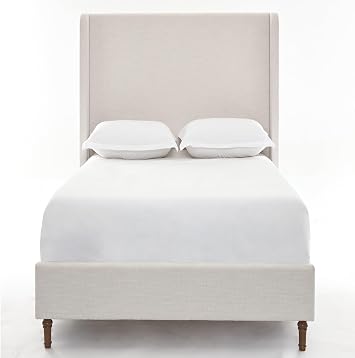 Queen Bed Frame with Tall 54Headboard,Upholstered Bed Frame with Solid Wood Legs,Textured Canvas Elegant Simplicity Queen Size Platform Bed Frame,Box Spring Required Ivory2