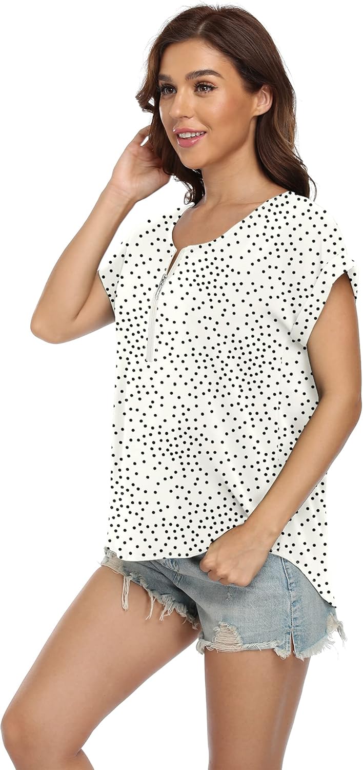 VIISHOW Women's Summer Casual Rolled Cuff Zip Half Placket Chiffon Short Sleeve Top Blouses - Image 4
