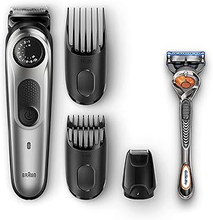 Braun BeardTrimmer BT5065 Beard Trimmer for Face and Hair, Black/Silver with Mini Foil Shaver Attachment, Precision dial, and Gillette Fusion5 ProGlide razor - International Version