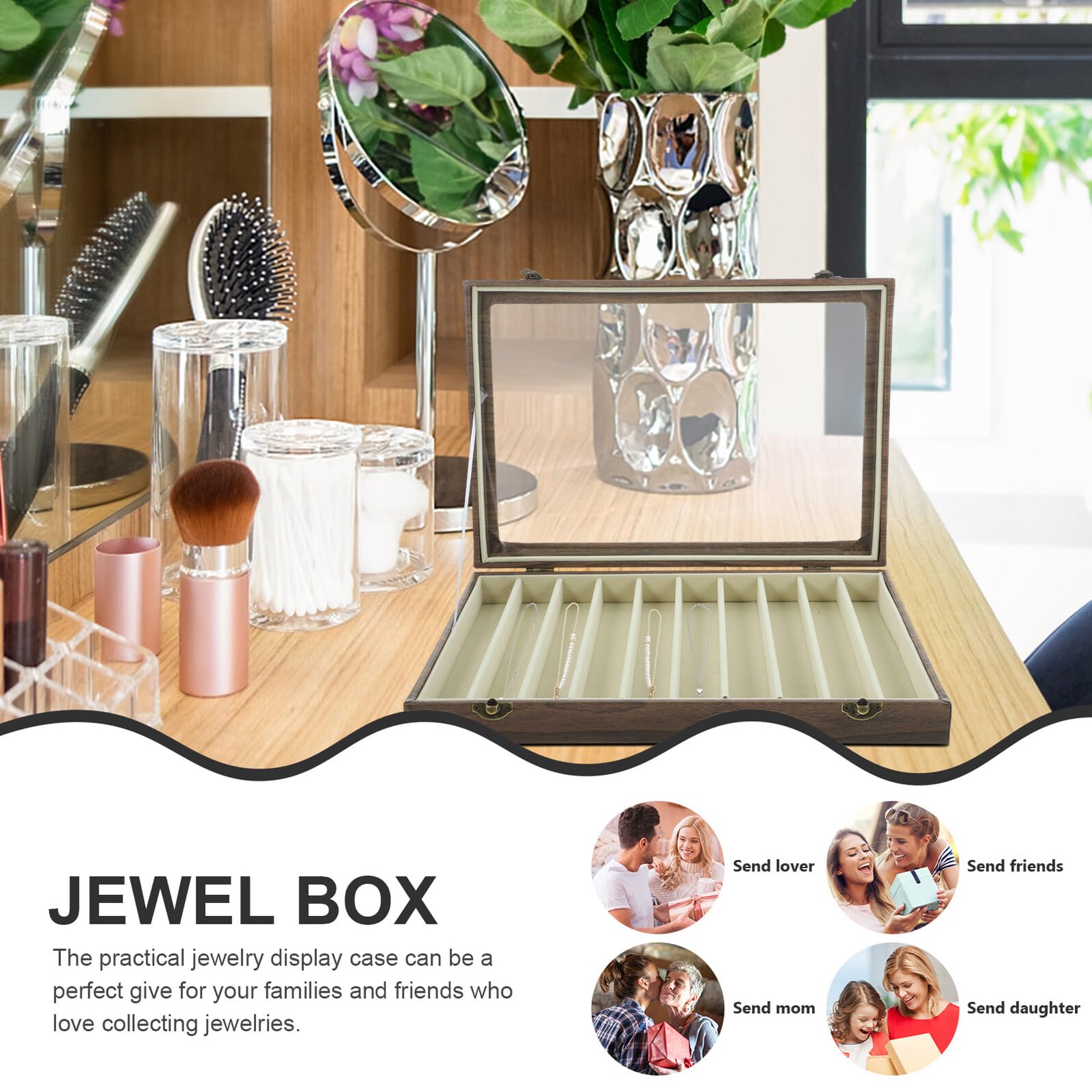 FOMIYES Schmuckkästchen mit Glasdeckel 10 Fächer Kompakter Schmuckorganizer Optik Aufbewahrungsbox für Ringe und Halsketten Mobiler Reise Organizer