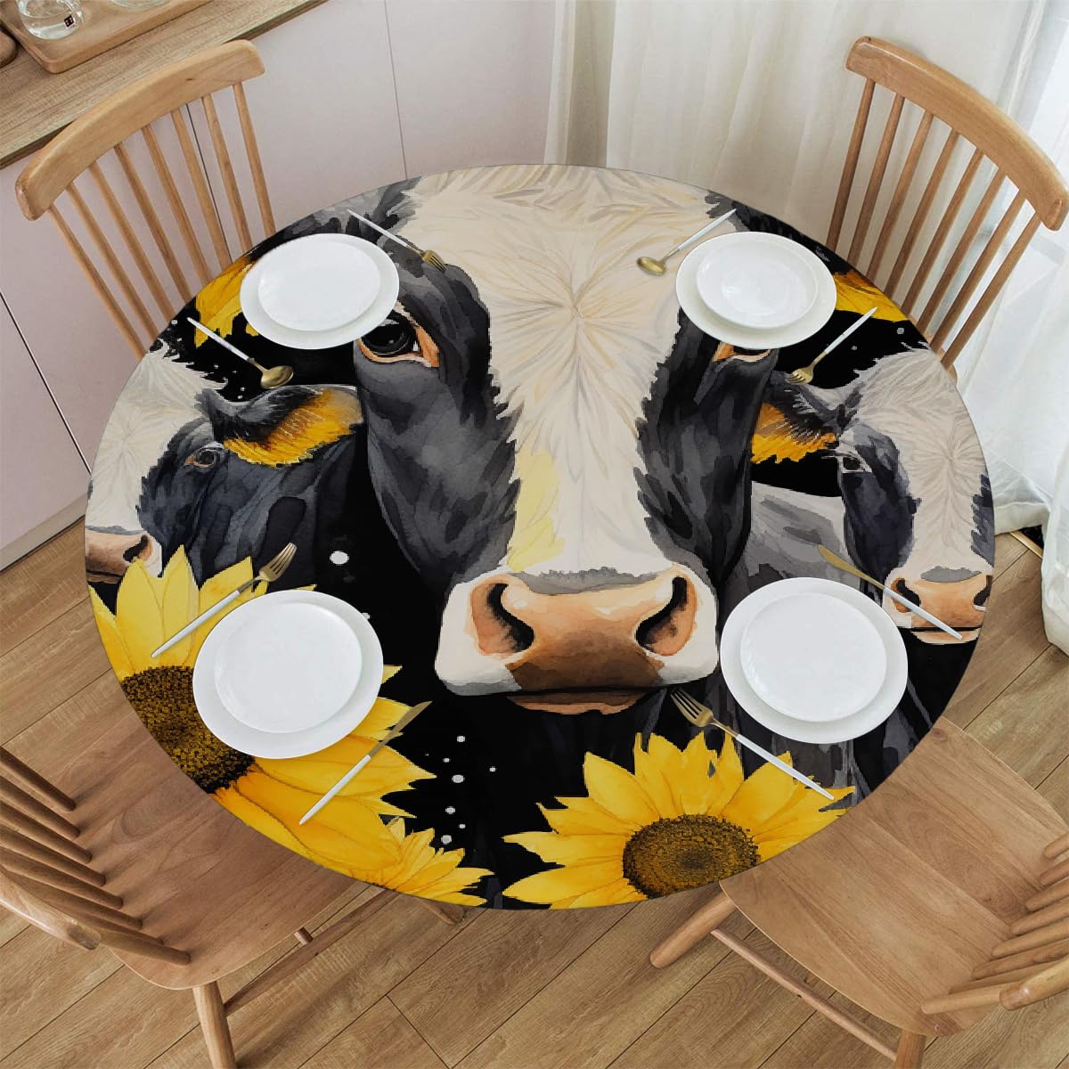 Mexpekil Round Tablecloths, Watercolor Yellow Sunflowers Cow Elastic Edged Round Table Cover, Wipeable Oil-Resistant Outdoor Table Cloth for Kitchen Dining Tabletop, 40-44 Inch in Diameter