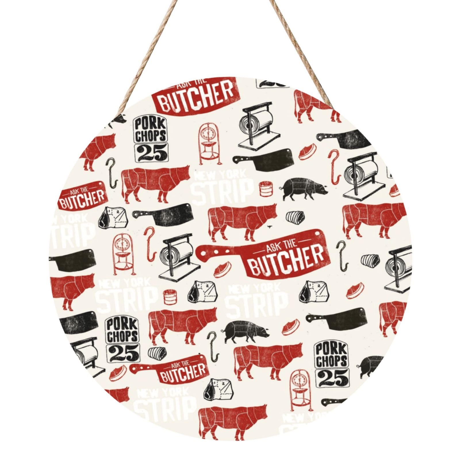InOmak Meat Butcher Pattern, Round Wood Panel Painting 12 in, Wall Hanging Painting For Home