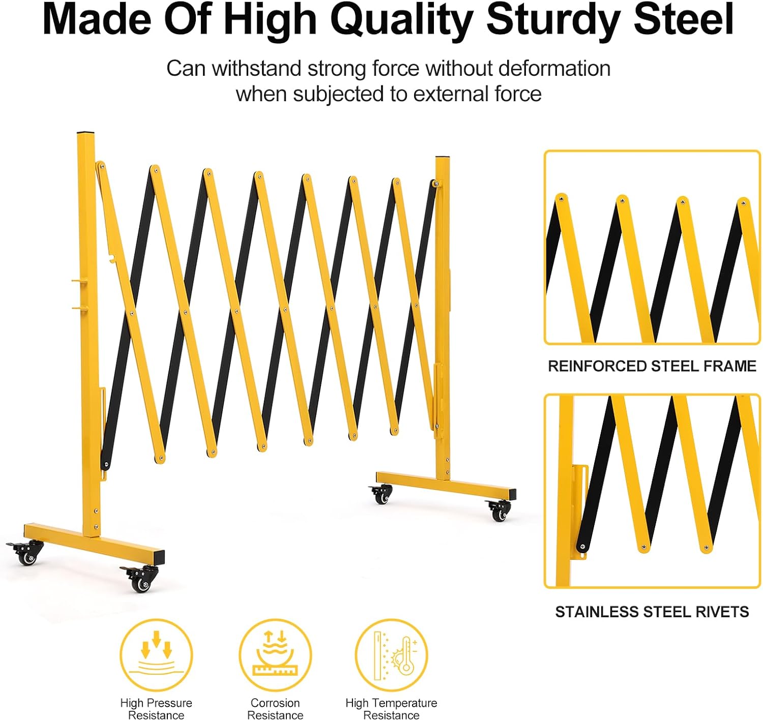 Expandable Metal Barricade, 11FT Folding Security Gate with Wheels, Retractable Driveway Gate, Flexible Mobile Barricade Safety Barrier, Yellow and Black