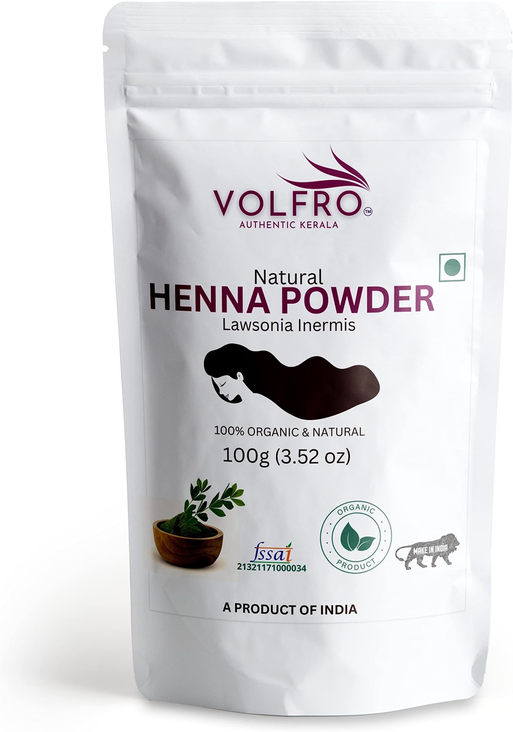 VOLFRO Pure Henna Powder for Hair (100g) - Natural Hair Coloring, Conditioning, and Nourishment - product by Authentic Kerala