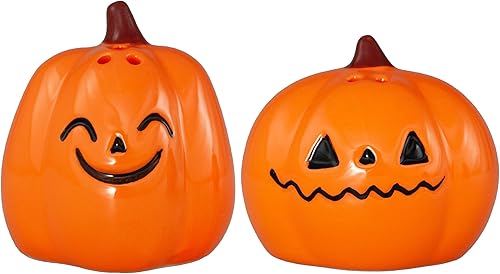 Hannah's Handiworks - Juego de salero y pimentero de calabaza, fundido a mano, cerámica, mesa y pantalla vintage, 2 pulgadas de ancho x 2 pulgadas