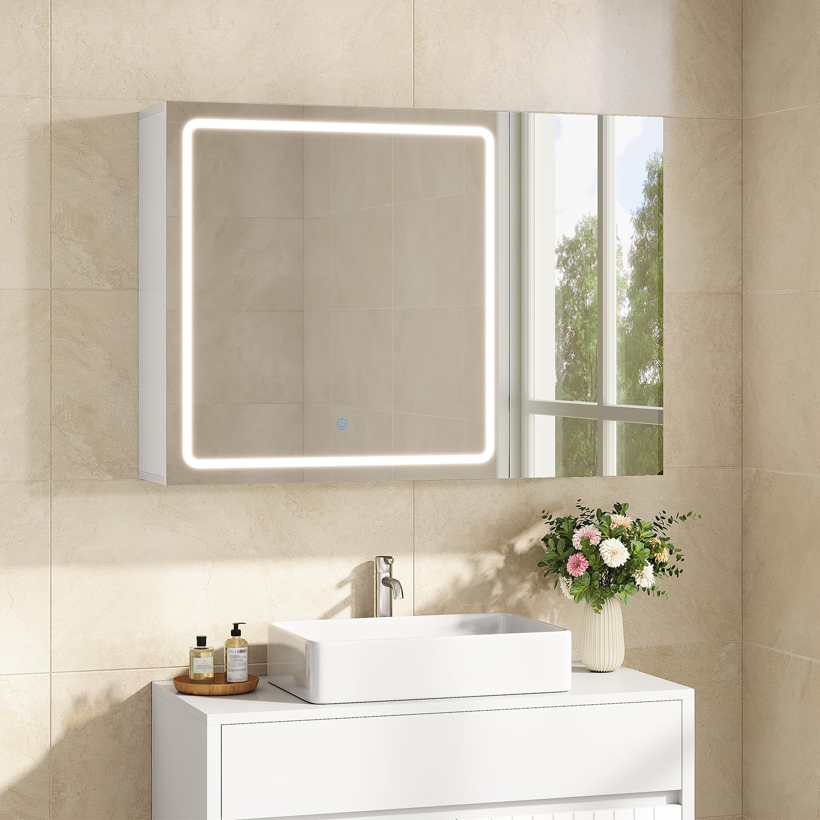 Specchio Bagno con Luce LED Regolabile e Presa Multipla, 2 Ante Specchio Bagno Contenitore 80x16x60 cm con Ripiani Regolabili, Specchiera Bagno con Specchio Grande HD, Bianco
