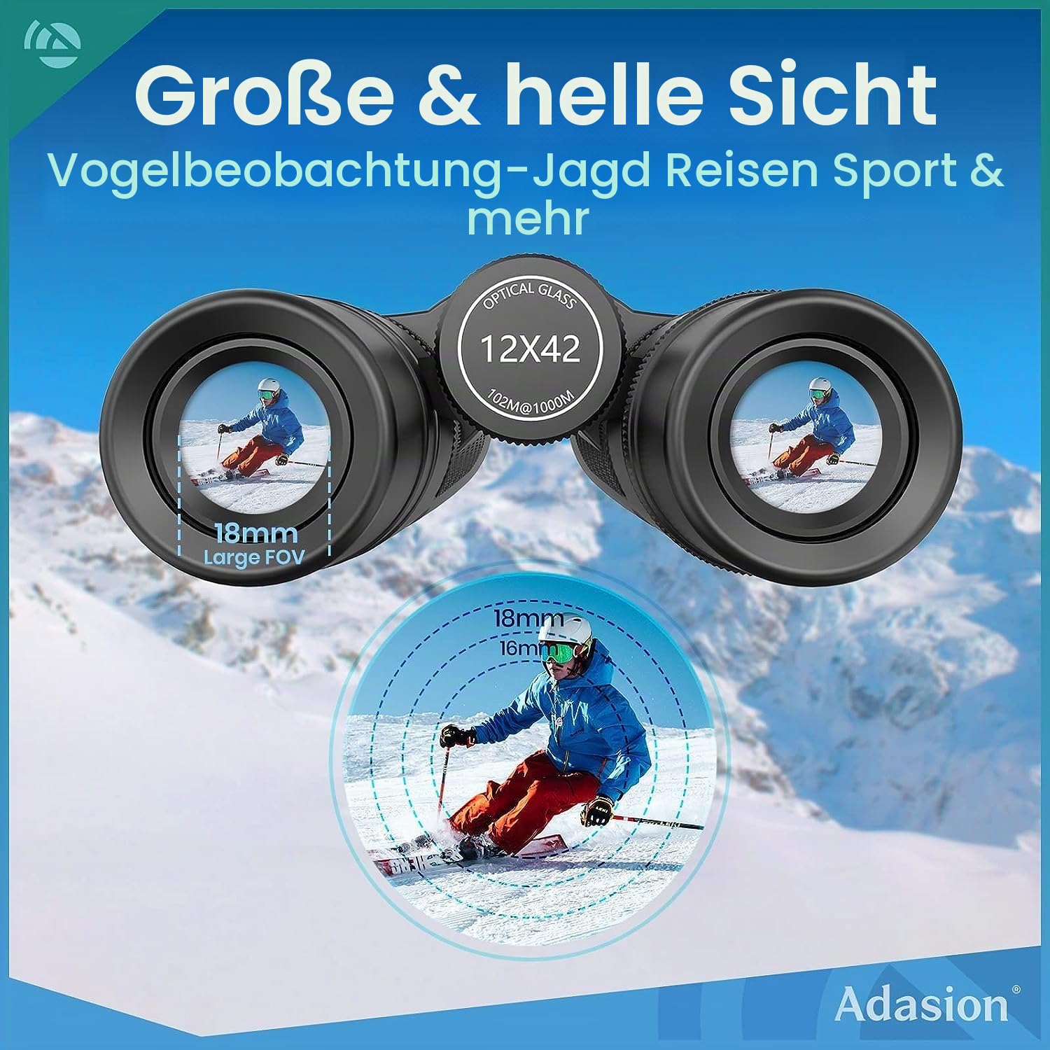 Adasion Fernglas für Erwachsene, Fernglas Klein Wasserdicht 12 x 42 mit Handy Adapter und Stativ, Superhelle Leichte Ferngläser für Vogelbeobachtung Jagd Sport Wandern Kreuzfahrt Reisen Konzert