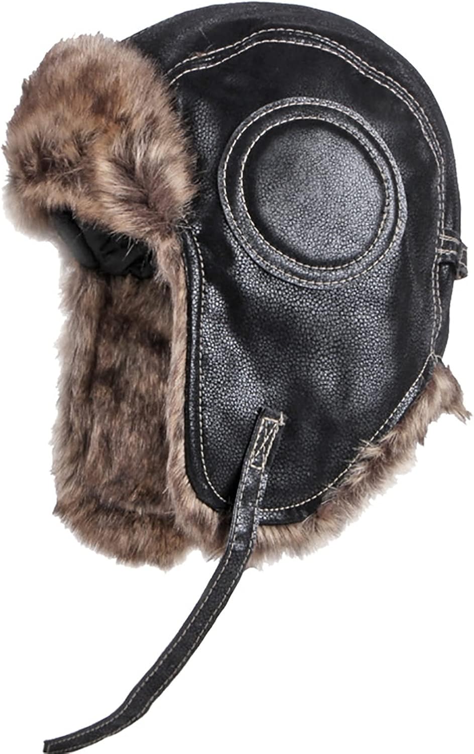 Bomber Hat Mens Trapper Trooper Cap Artificial Leather Aviator Bomber Hat with Chin Strap Winter