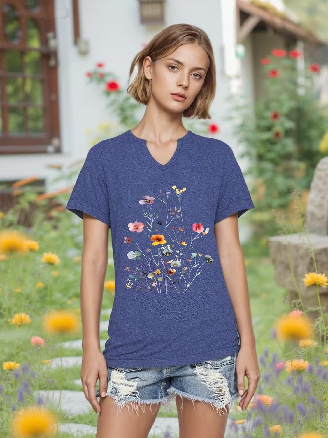 Women's T-Shirts Vintage Flowers V Neck Boho Floral Wildflowers Graphic Tee Casual Cottagecore Short Sleeve T Shirt - Image 3