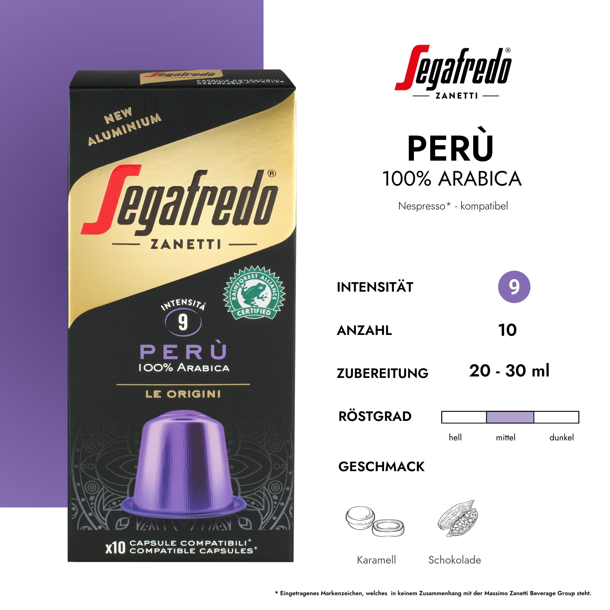 Segafredo Le Origini Peru - 100% Arabica - Aluminiowe kapsułki do kawy - kompatybilne z Nespresso - bogate i aksamitne - 10 x 10 kapsułek