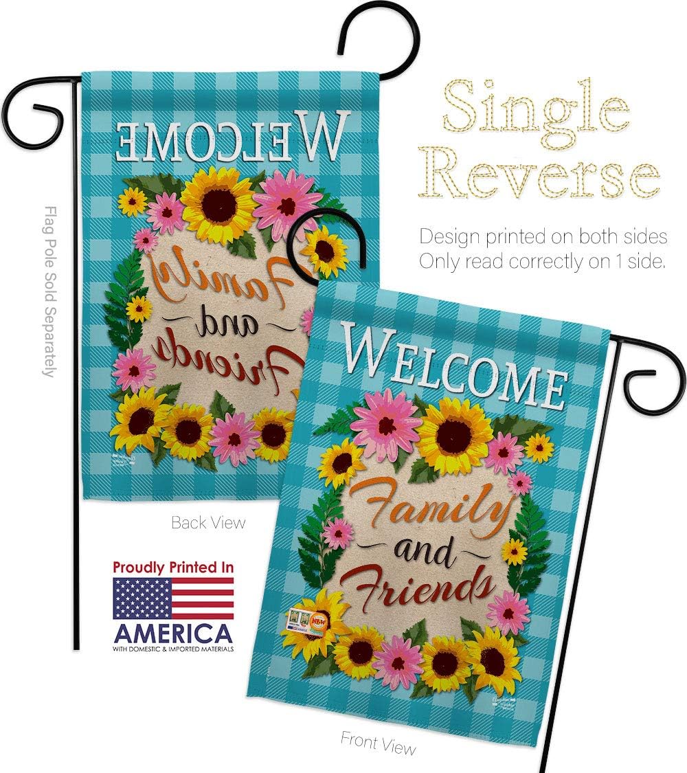 Welcome Family and Friends Garden Flags Pack Floral Sunflower Tulip Rose Orchid Lilies Season Springtime Flower Wreath USA Applique Small Gift Yard House Banner Made In 13 X 18.5