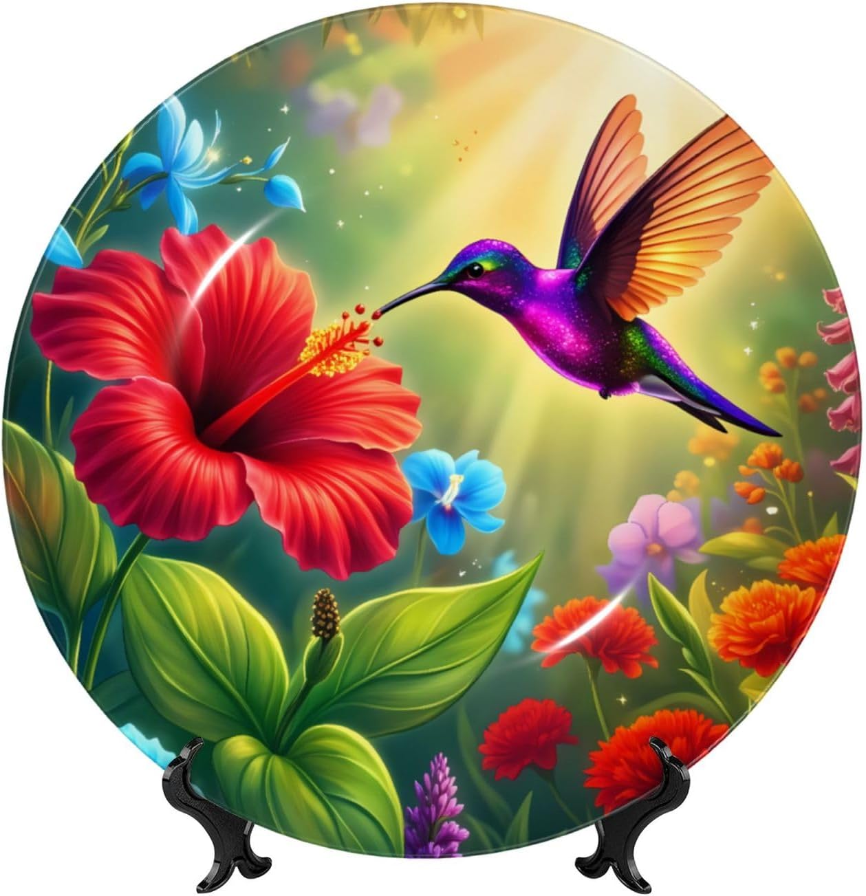 Hummingbird Garden Magic Style Ceramic Plate Display Decorative Plate With Stand Wall Hanging Plate For Home Decor 10 Inch