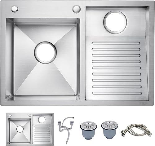 Fregadero de acero inoxidable con tabla de lavadero, lavabo para cocina, baño, balcón, diseño de doble tazón fácil de limpiar (23.622 in23.6