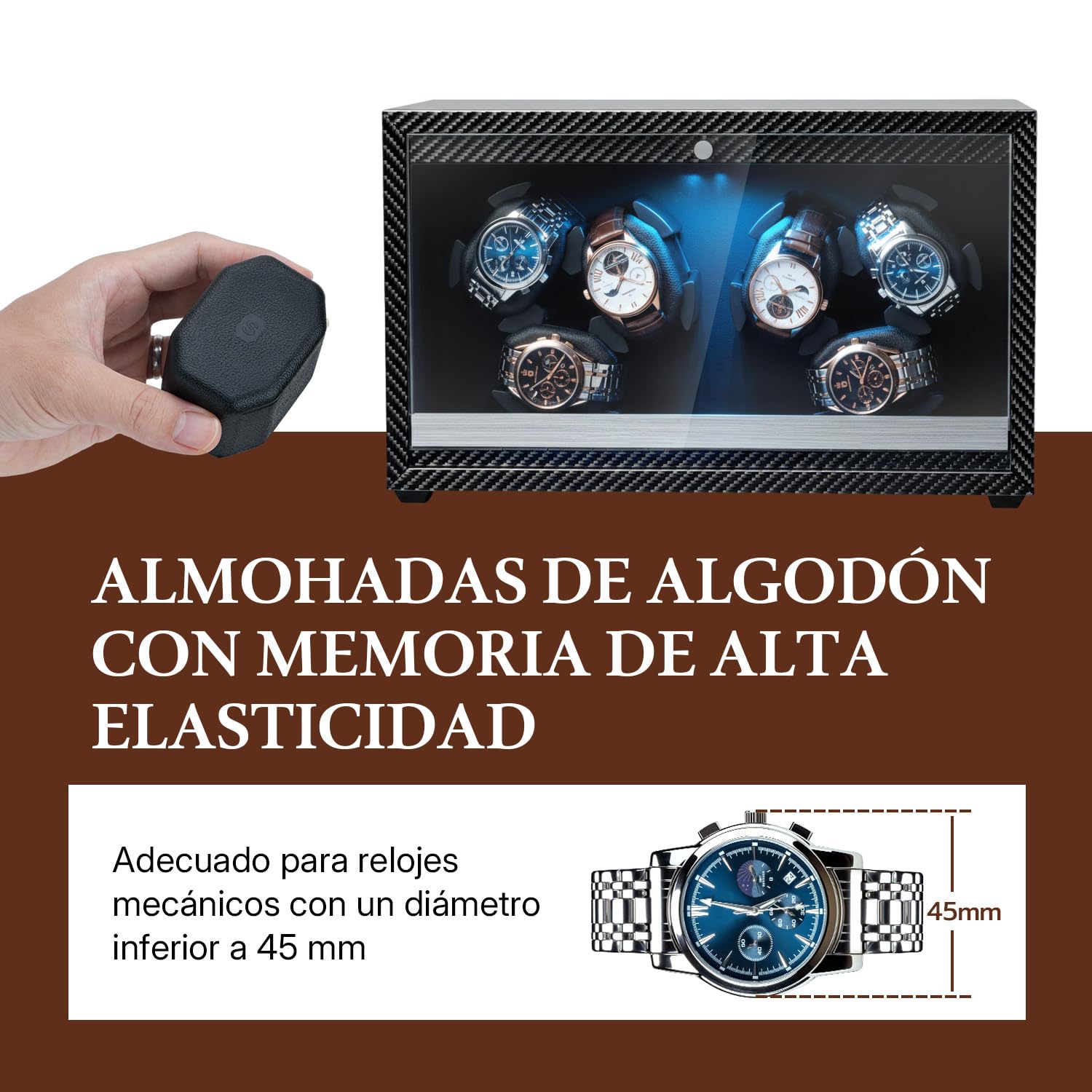 Mcbazel Enrollador Automático de Relojes para 6 Relojes con Luz LED, Motor Ultra-Silencioso Cajas Giratorias 4 Modos de Rotación, Alimentación USB DC Watch Winder de hasta 45 mm
