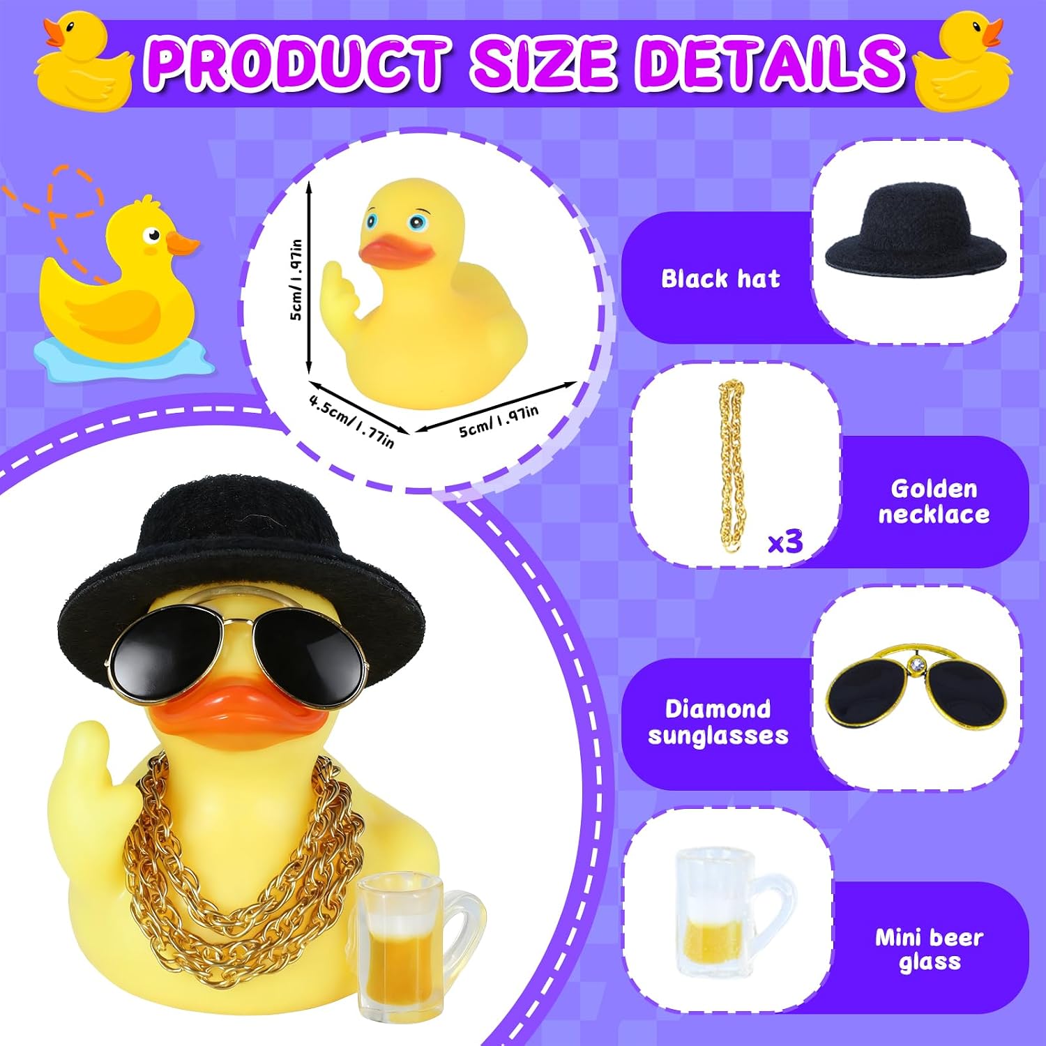 1PC Cool Gesture Duck Car Decor with Top Hat, Sunglasses, Necklace & Beer Mug - Squeaky Rubber Duck Dashboard Accessories for Jeep, Office, Home - Funny DIY Gift for Car Lovers (Jeep Ducks)