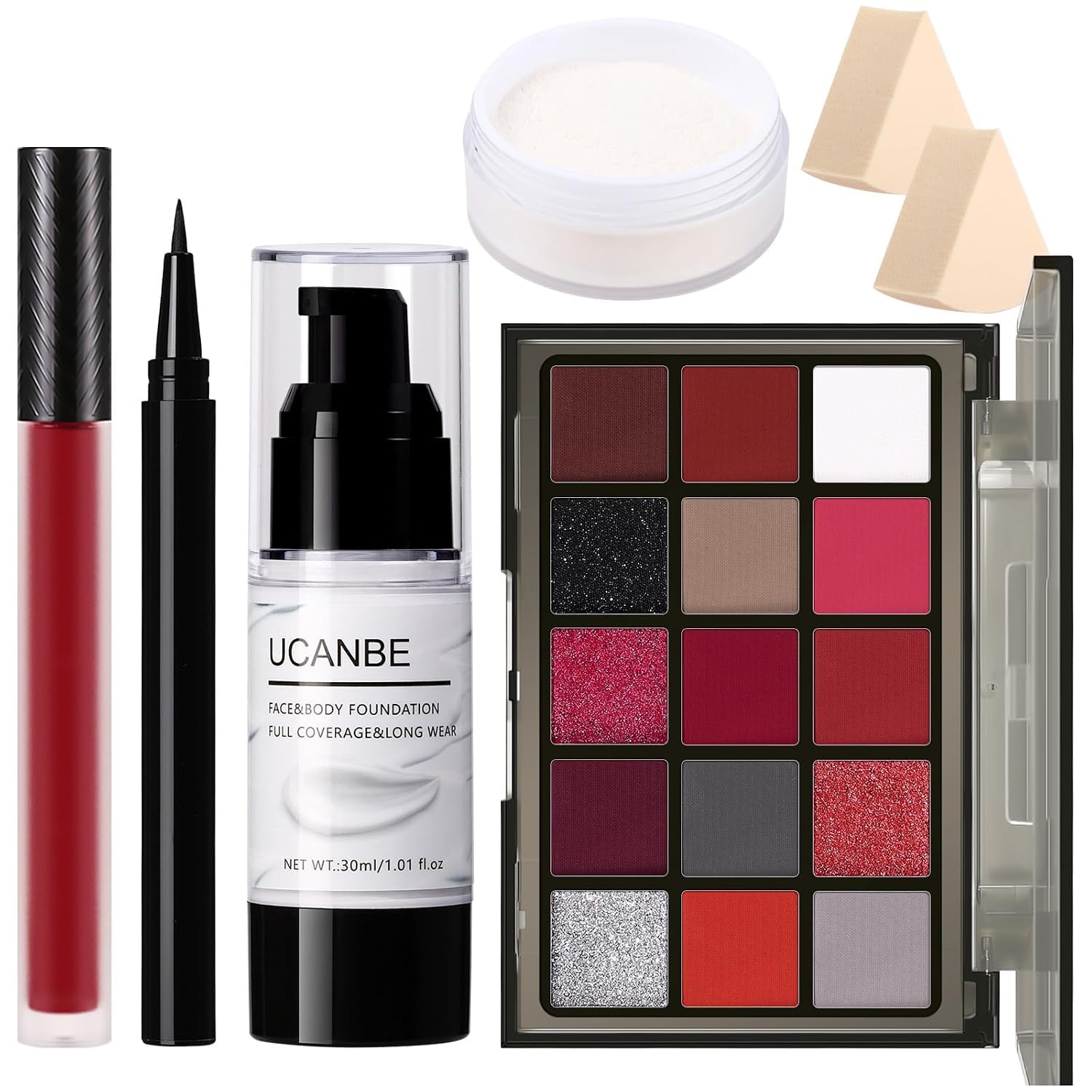 UCANBE Halloween Makeup Kit – 15-Color Red Eyeshadow Palette, White Liquid Foundation, Red Liquid Lipstick, Black Eyeliner, Setting Powder & Sponges Makeup Set for SFX Cosplay Costume Clown Vampire Red Makeup Kit