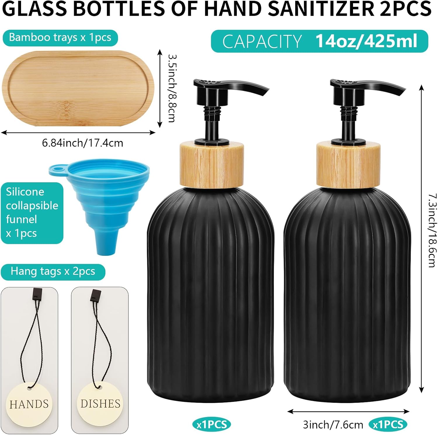 Black Glass Soap Dispenser Set with Bamboo Pump, 14oz Refillable Liquid, Lotion Dish Soap Dispenser for Modern Home Decor, Bathroom, Kitchen Countertop, Hotel image 2