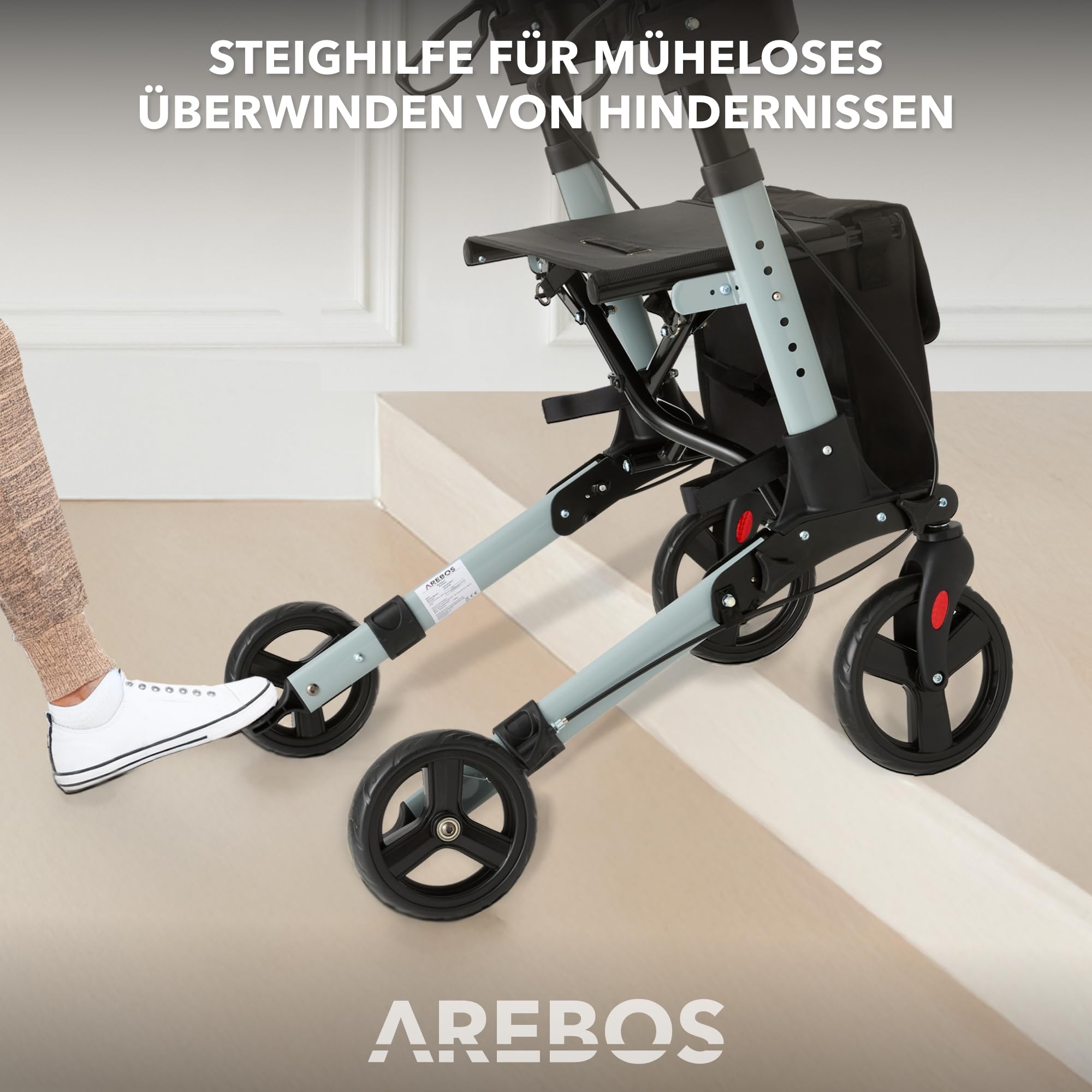 Arebos Leichtgewicht Rollator Aluminium | Reiserollator 6-fach höhenverstellbar | Faltbar | Inkl.Stockhalter und abnehmbare Einkaufstasche | Gehwagen Laufhilfe Gehhilfe mit Feststellfunktion | Schwarz