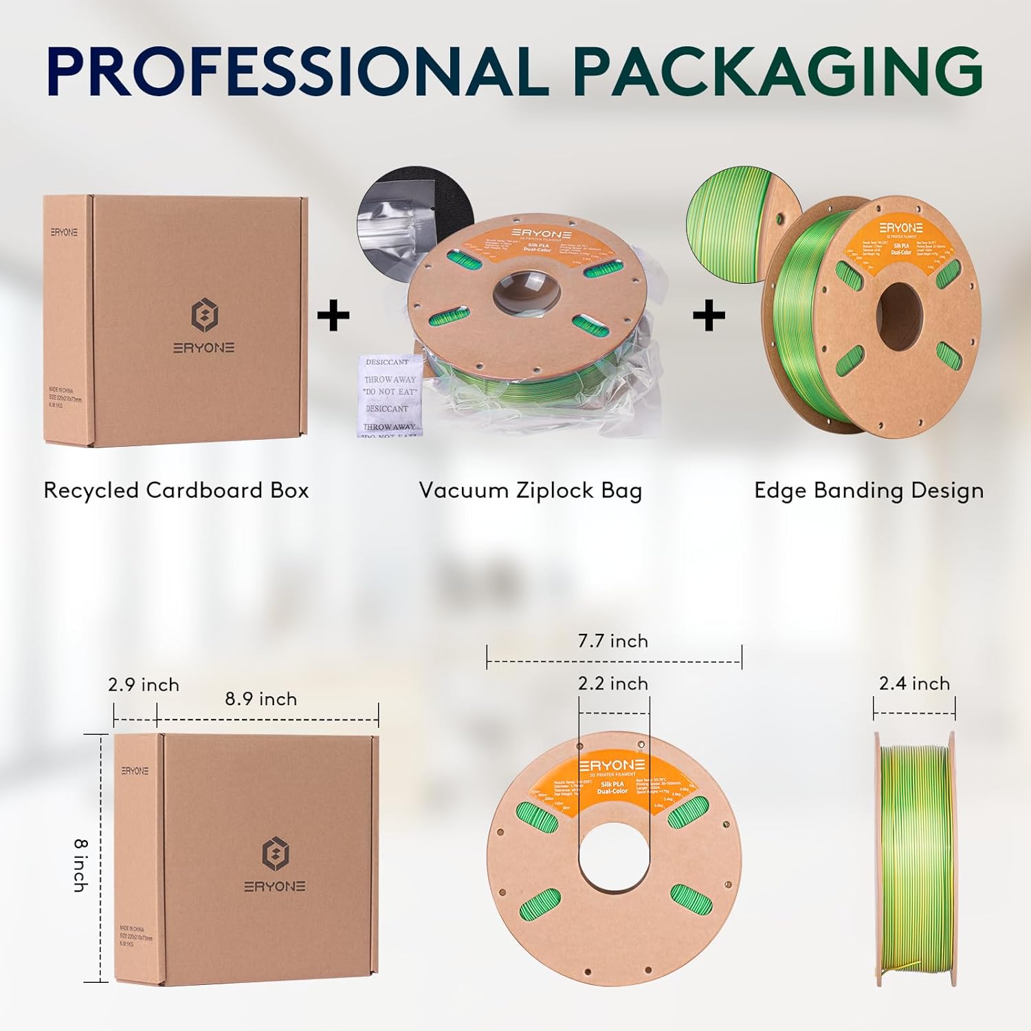 ERYONE Silk Dual Color PLA Filament 3D Printer 1.75mm +/- 0.03mm, Bicolor Two Tone PLA 1KG(2.2lbs) Cardboard Spool, Yellow Green - Image 6