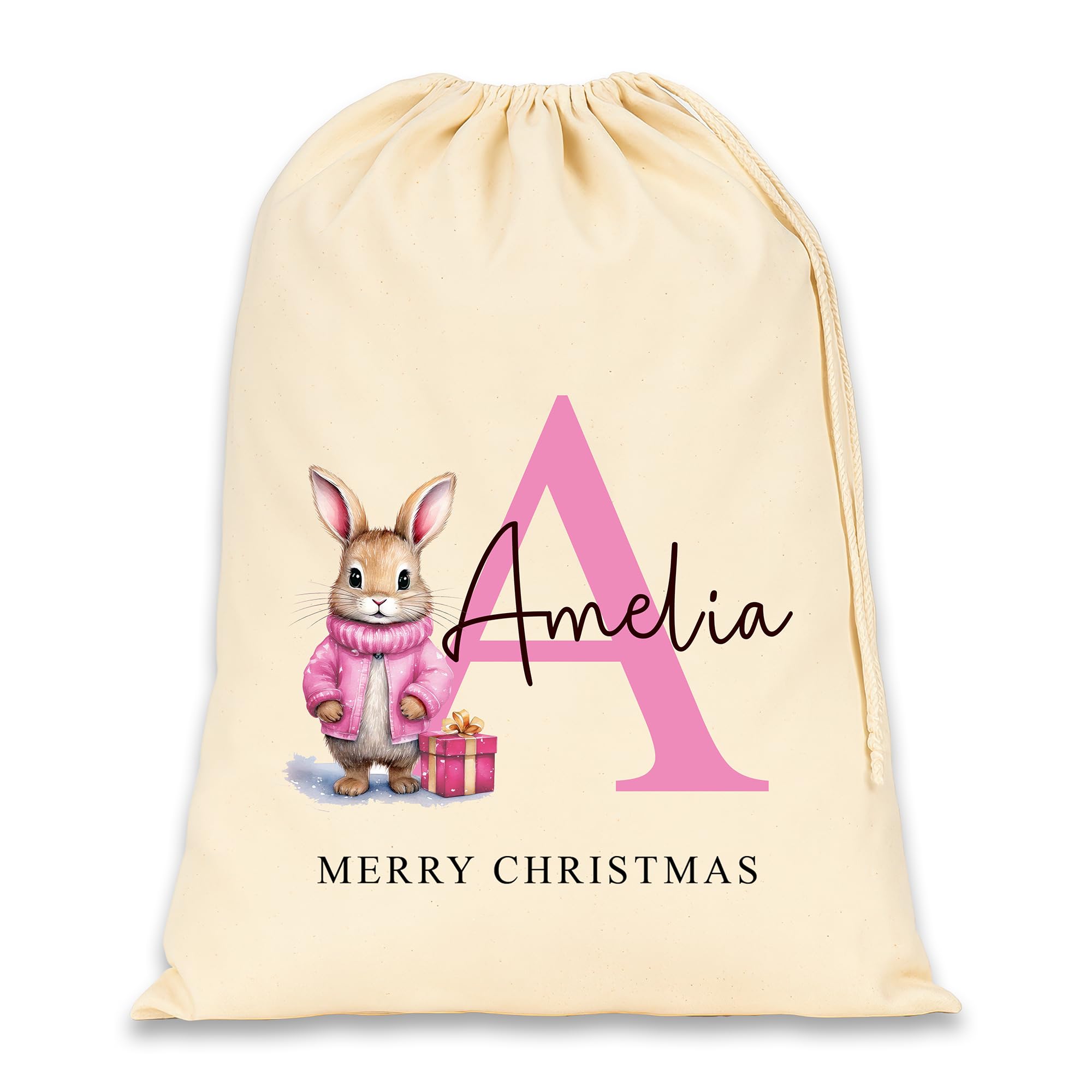 Chicken Craft Personalised Santa Sack with Custom Name - Large Christmas Sack for Gifts - Xmas Gift Bag for Under Tree - Christmas Eve Bag - Christmas Stocking Alternative - Pink Rabbit (Cotton)