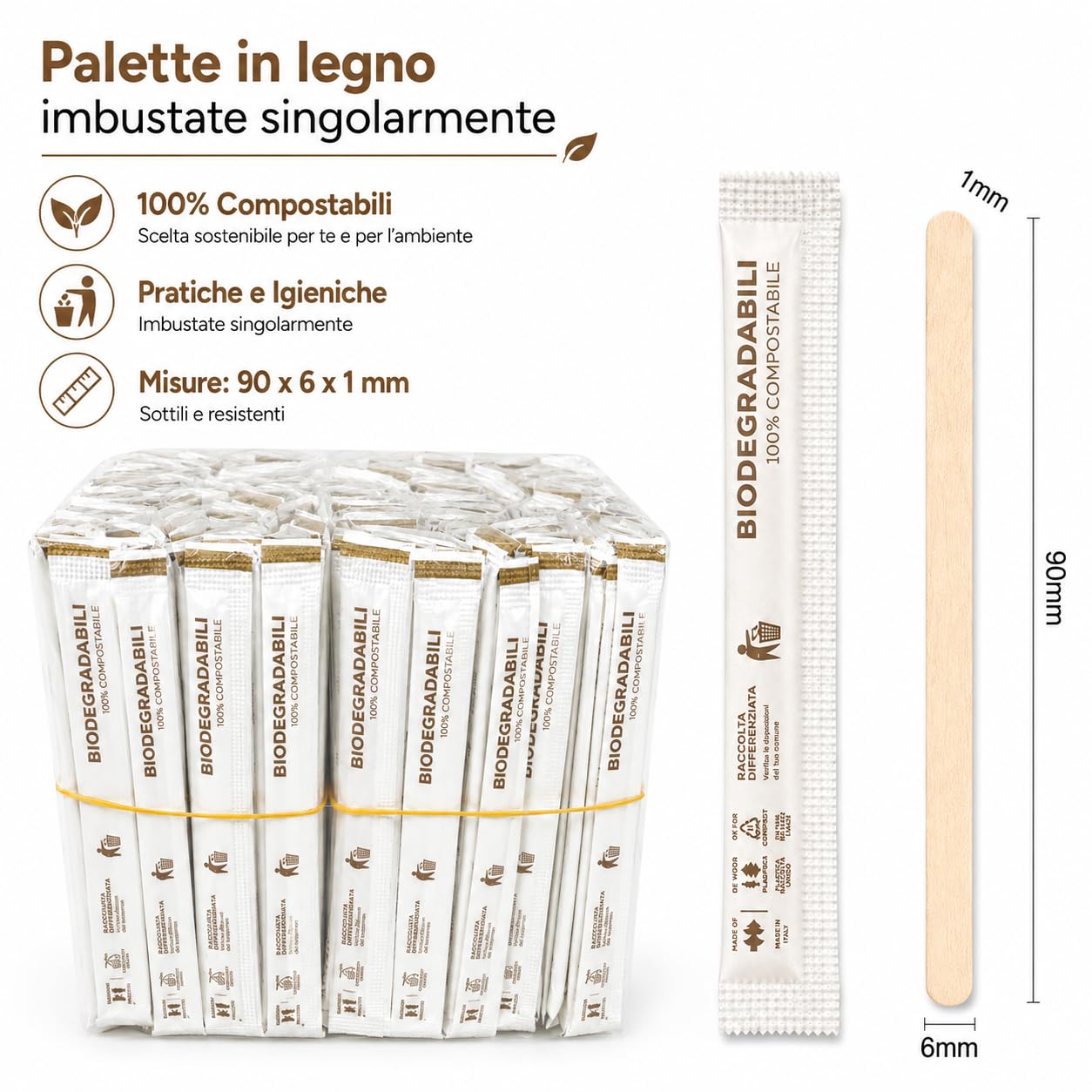 1000 Palette Caffè Monouso in Legno Confezionate Singolarmente, Palettine Biodegradabili, Compostabili e Resistenti al Calore, per Girare Zucchero Bevande e Caffè nei Bicchierini