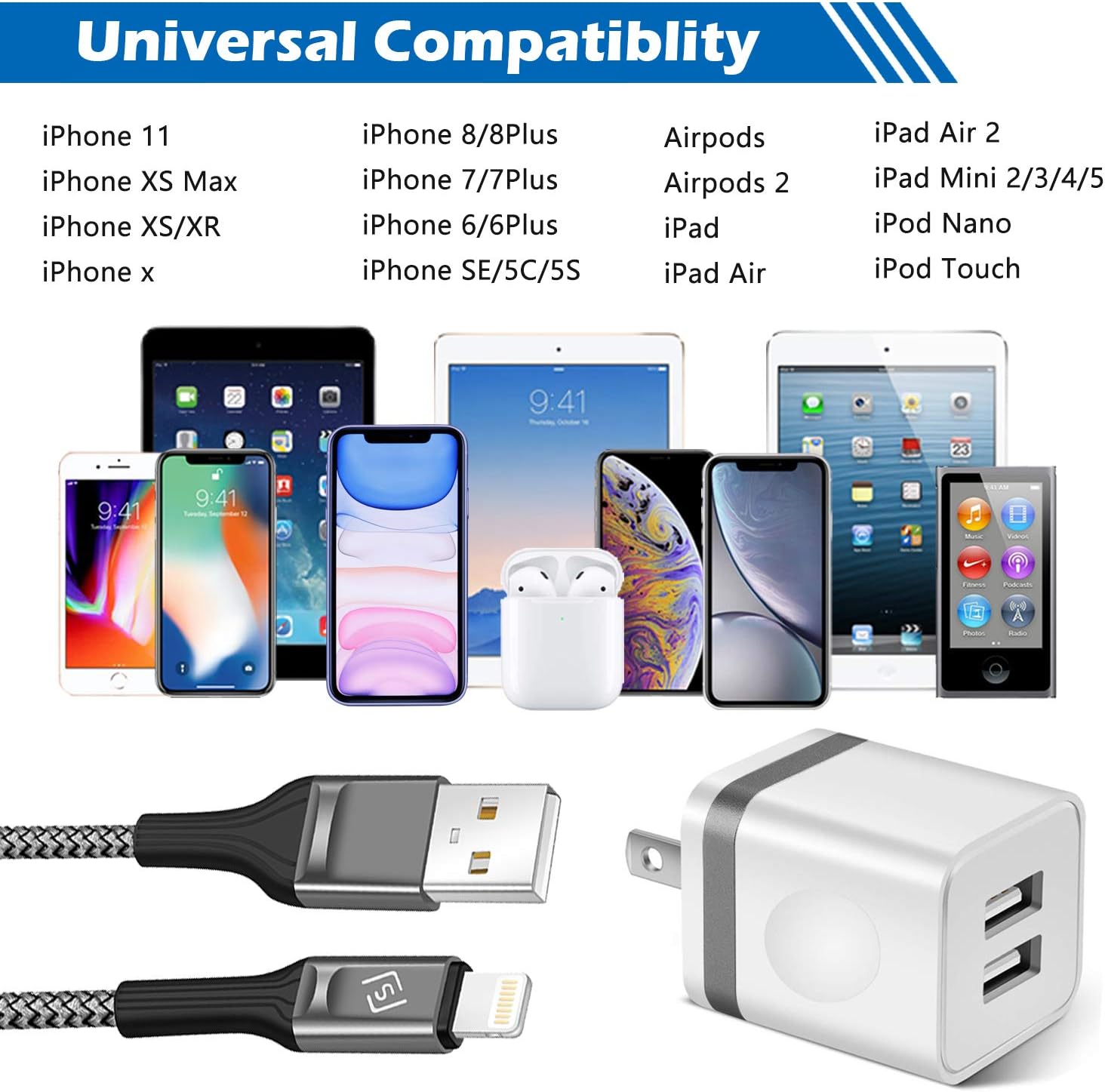 WHIRELEAST iPhone Charger Cable 10 FT with Wall Plug, Braided Long iPhone Charging Cord + Dual USB Wall Charger Block Adapter Compatible with iPhone 12/11/11 Pro Max/XS/XR/X/8/7/6 Plus, iPad (4-Pack)