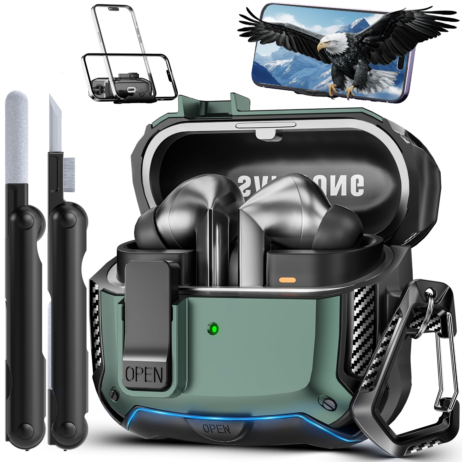 MCTOPZO with Phone Stand for Samsung Galaxy Buds3 FE (2025) / Buds3 Pro (2024) / Buds 3 Case (2024),with Secure Lock Clip & Cleaning kit Full Body