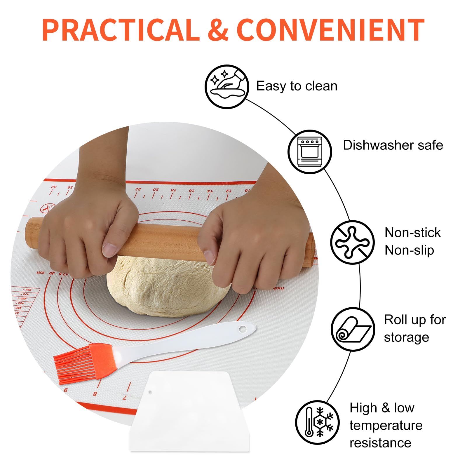 4er Set Nudelholz und Backmatte mit Backpinsel & Teigschaber, Antihaft-Silikon-Backmatte und Hölzerne Teigrolle zum Backen für Teig Brot Pizza Gebäck Plätzchen