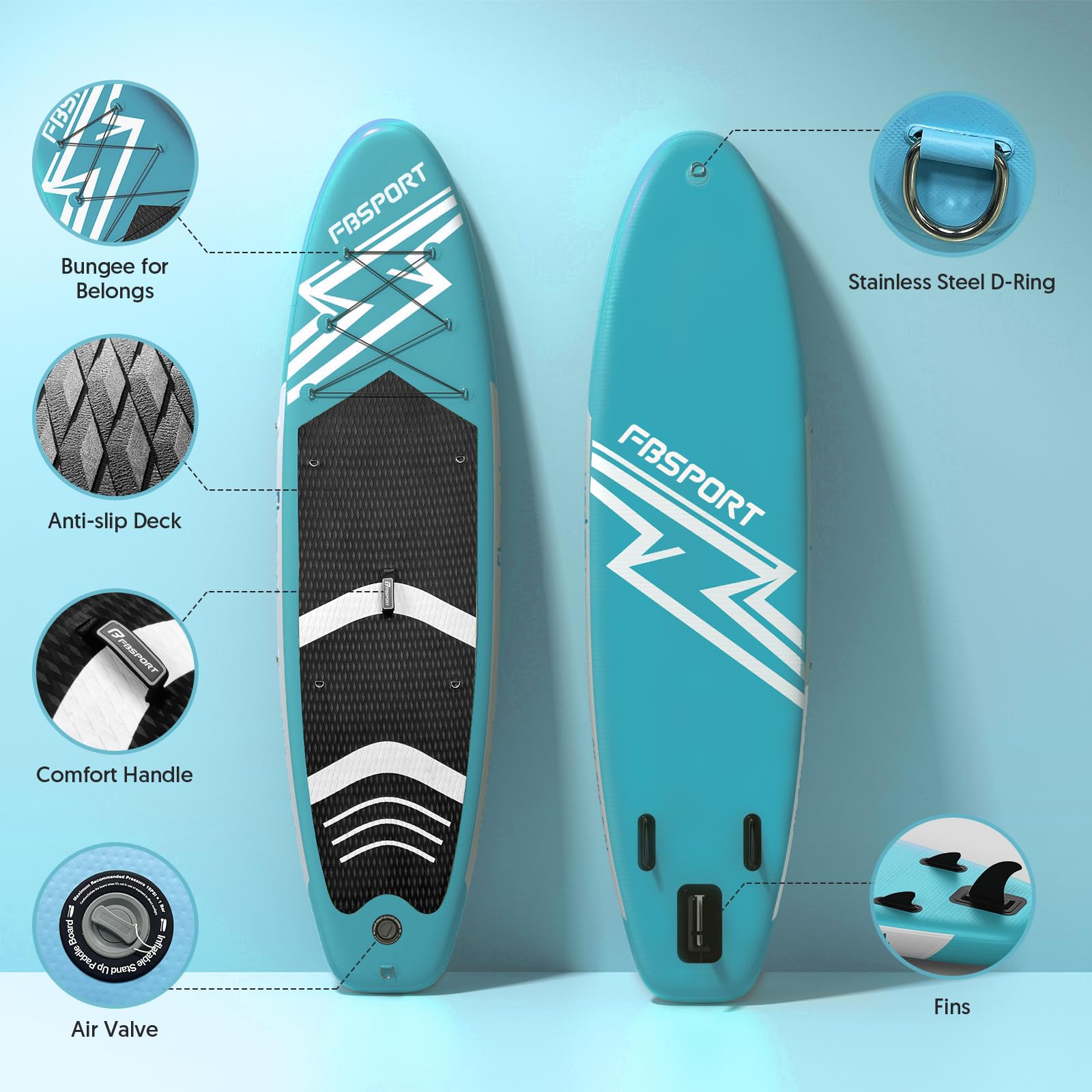FBSPORT Tabla de Remo de pie 11 pies, Tabla de Yoga con Accesorios Sup y Bolsa de Transporte, Amplia Postura, Control de Surf, Cubierta Antideslizante, Correa, Pala y Bomba para