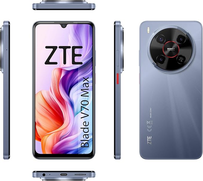 ZTE Blade V70 MAX, Smartphone Libre, 4GB+128GB, Pantalla HD+ 6,9" 120Hz, Cámara 50MP con IA, Batería 5000mAh, Carga Rápida 18W, Android 15, Incluye Funda y Protector, Gris