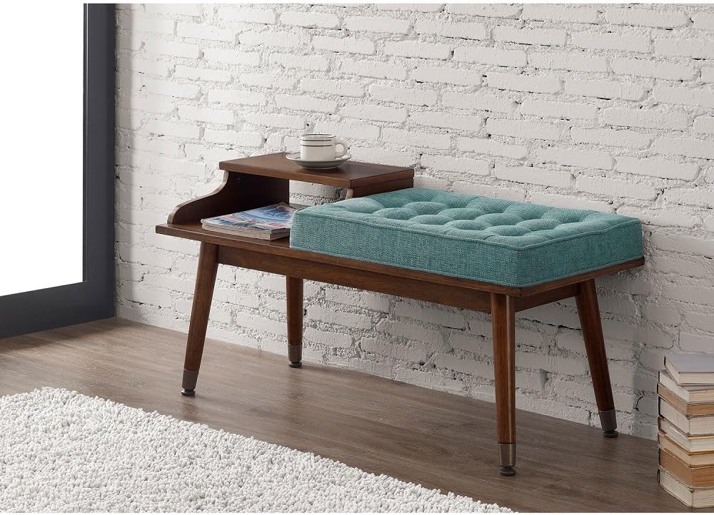 Mid-Century Style Tufted Upholstered Telephone Bench Teal Walnut Wood Storage Bench