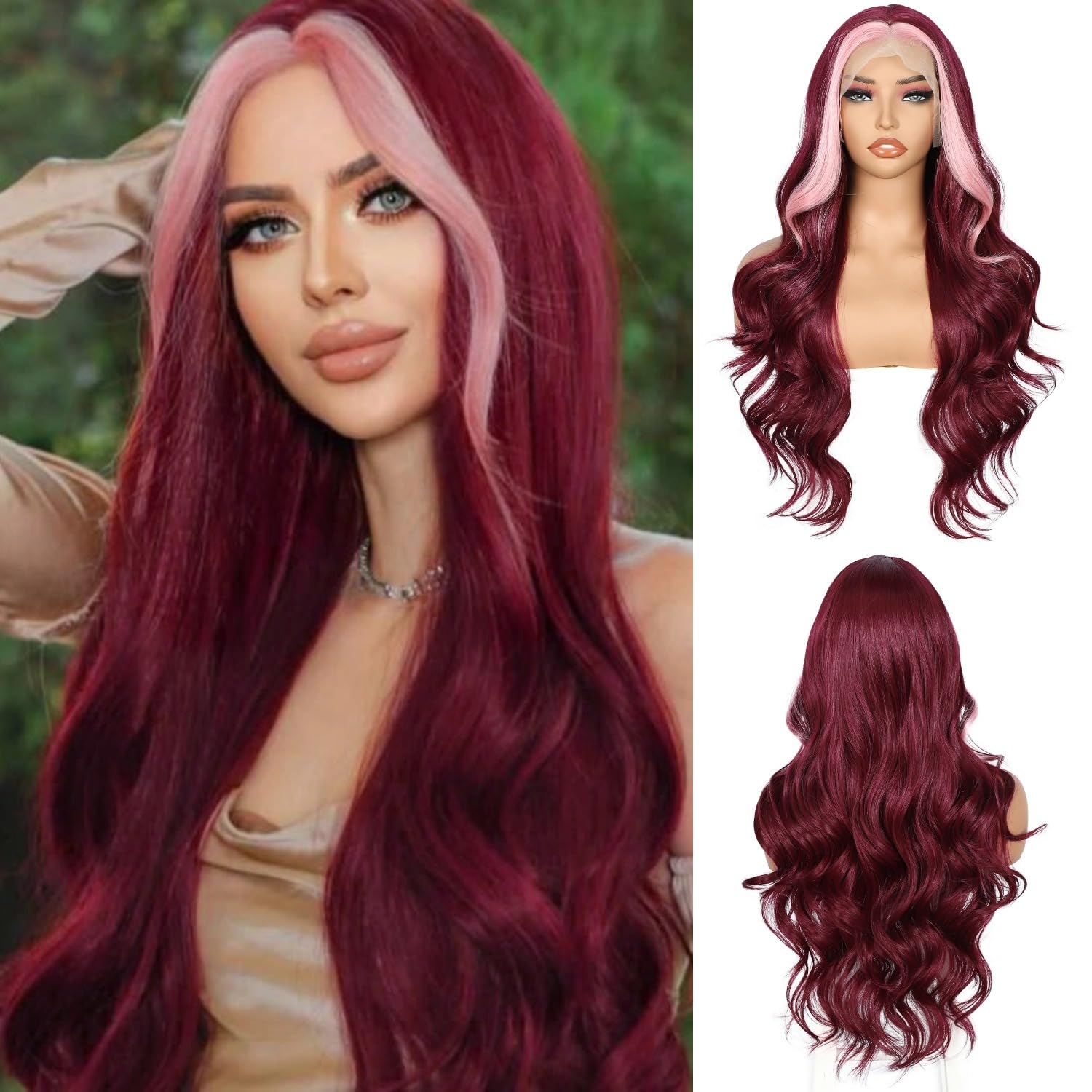 Sapphirewigs Lace Front Wig Burgundy Highlight Synthetic Wigs for Women Body Wave Hair 13x4 Cosplay Party Daily Wear Halloween Christmas Wig 26 inch