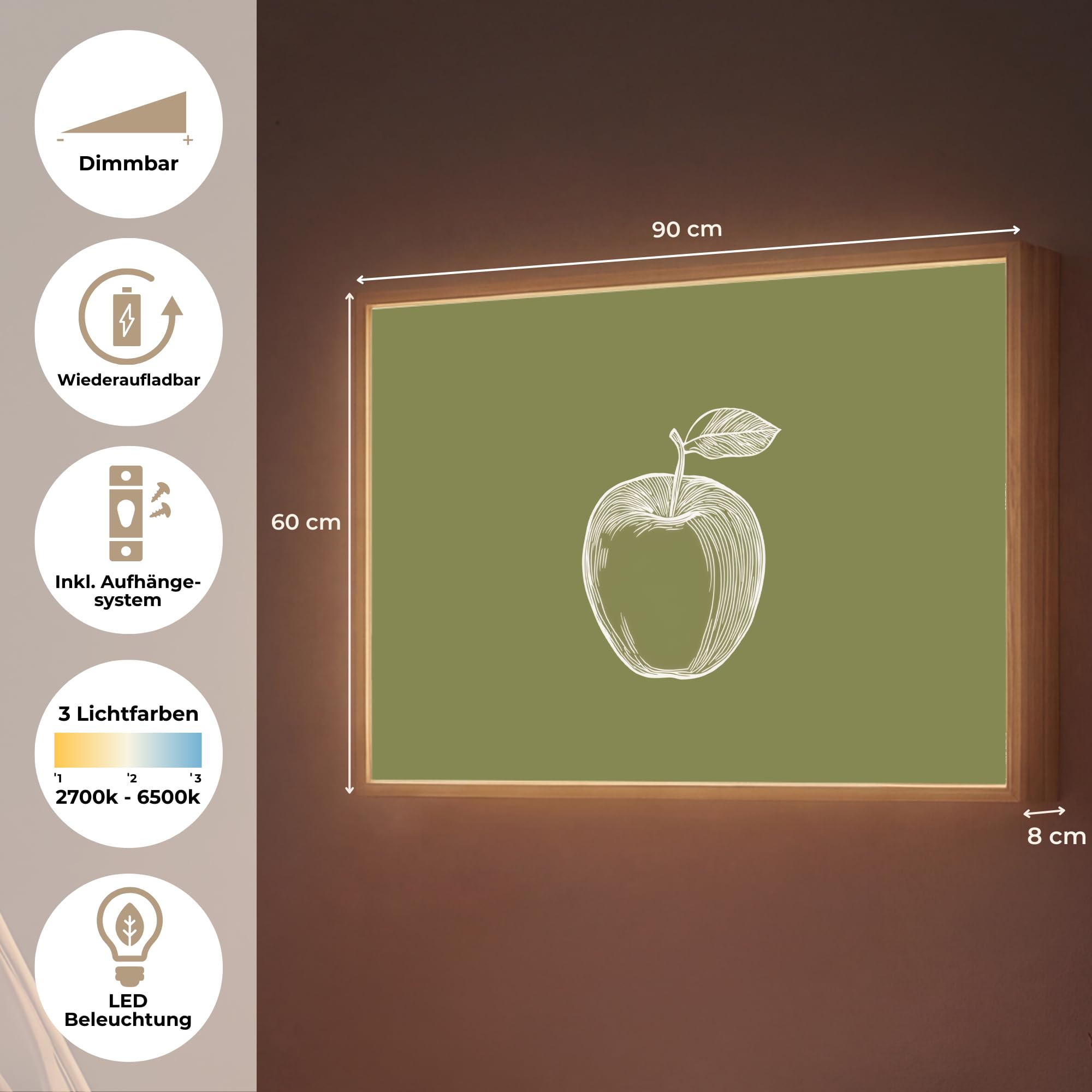 Wandleuchte Nachtlicht 90x60 cm Aufladbar Dimmbar Innen Nachtlampe Wandmontage LED Wandlampe Nachttisch Wall Lamp Licht Wand Strichzeichnung - Apfel - Olivgrün - Blatt