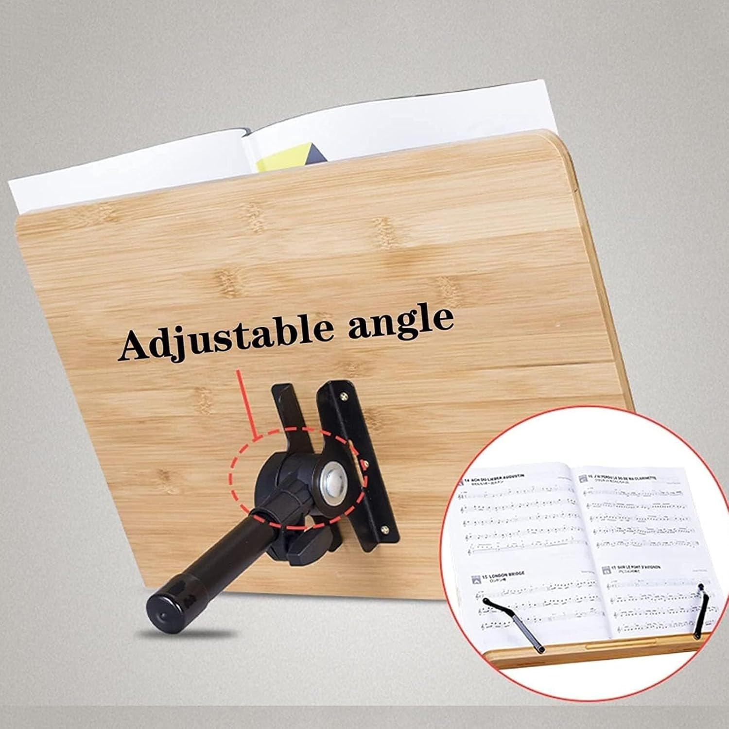 Sheet Music Stand with Bamboo Material, Folding Book Stand with 350° Adjustable Angle Thickened Steel Pipe Bracket 0.88-1.45M Music Clips, Desktop Book Stand for Common Musical Instruments