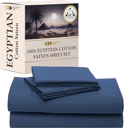 California Design Den Full Size Bed Sheets Set - Certified 100% Egyptian Cotton Sheets, Soft Sateen, Deep Pockets with Anti-Skid Elastic, Cool and Durable Luxury Bedding - Navy Blue