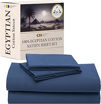 California Design Den Full Size Bed Sheets Set - Certified 100% Egyptian Cotton Sheets, Soft Sateen, Deep Pockets with Anti-Skid Elastic, Cool and Durable Luxury Bedding - Navy Blue