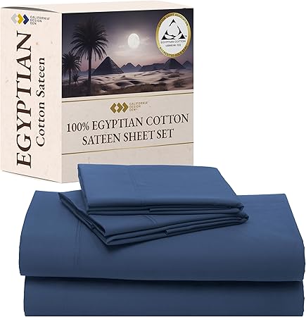 California Design Den Full Size Bed Sheets Set - Certified 100% Egyptian Cotton Sheets, Soft Sateen, Deep Pockets with Anti-Skid Elastic, Cool and Durable Luxury Bedding - Navy Blue