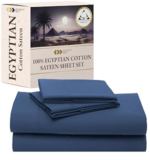 California Design Den Deep Pocket Queen Sheet Set - Certified 100% Egyptian Cotton Sheets Queen Size, Soft Sateen, Deep Pockets with Anti-Skid Elastic, Cool and Durable Luxury Bedding - Navy Blue - Amazon product rated Grade B