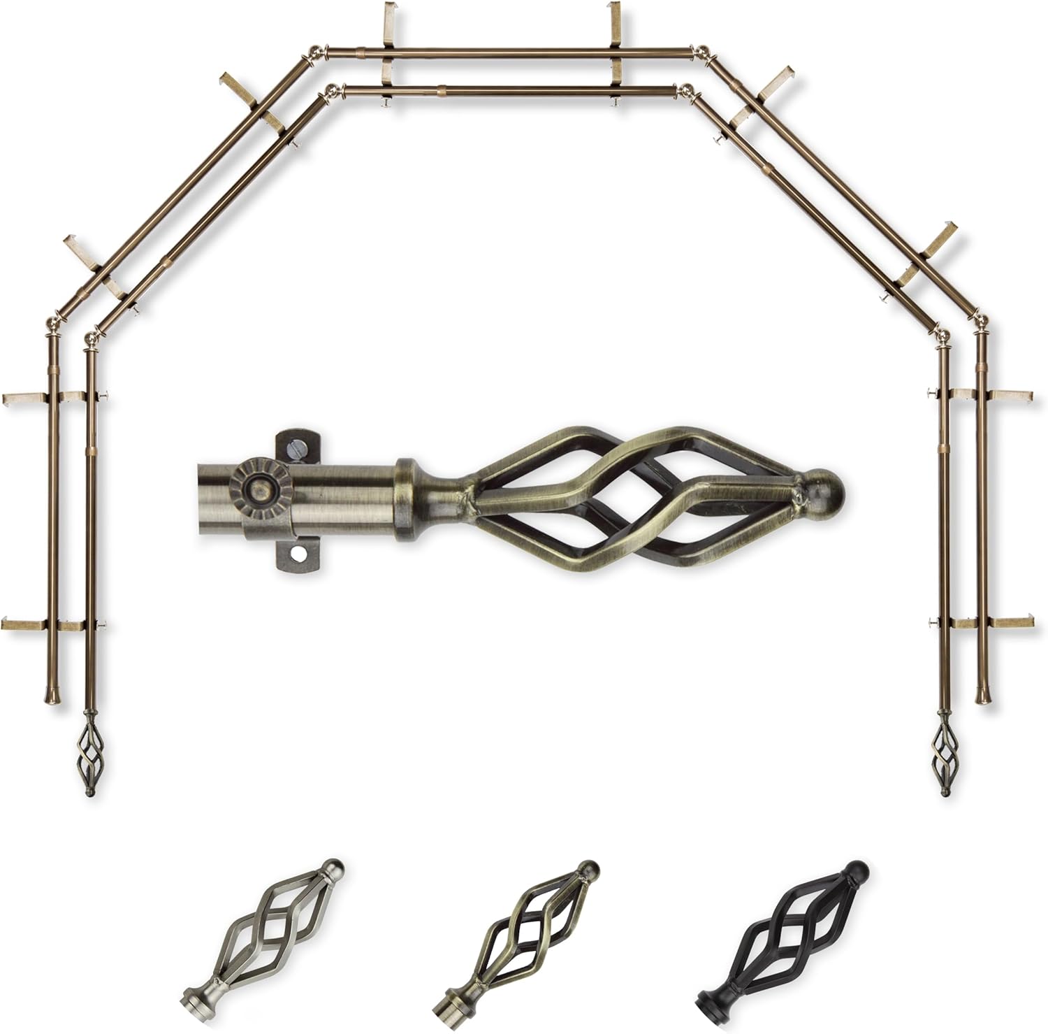 A&F Rod Décor - Helix 13/16" 5-Sided Double Bay Window Curtain Rod - Antique Brass