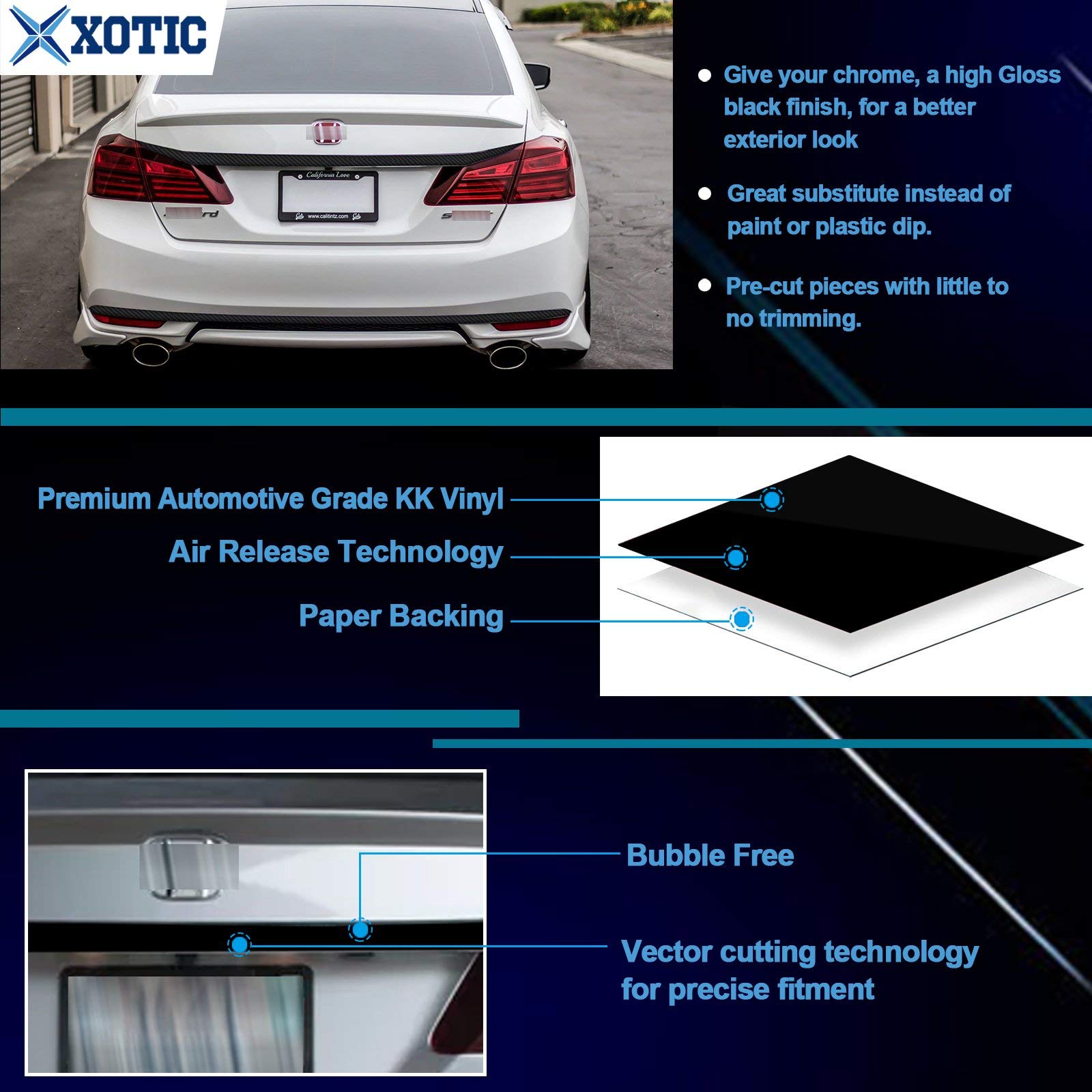 Xotic Tech Trunk and Lower Rear Chrome Trim Delete Blackout Overlay Pre-Cut Vinyl KK Kit Compatible with Honda Accord Sedan 2016 2017 - Gloss Black
