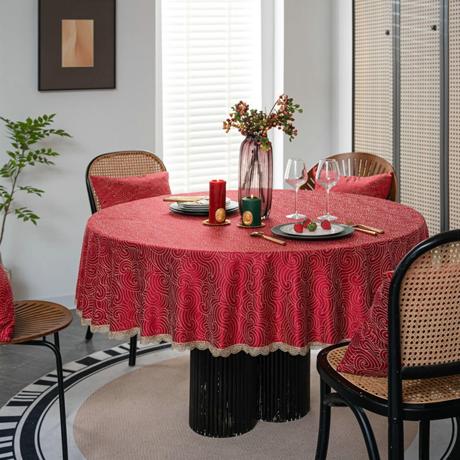 Daesar Manteles de Mesa Redonda Antimanchas,Redondo 220CM(Redondo 86 Inch),Mantel Poliéster Mesa Patrón de Nubes de Encaje Mantel de Cocina Antimanchas Rojo