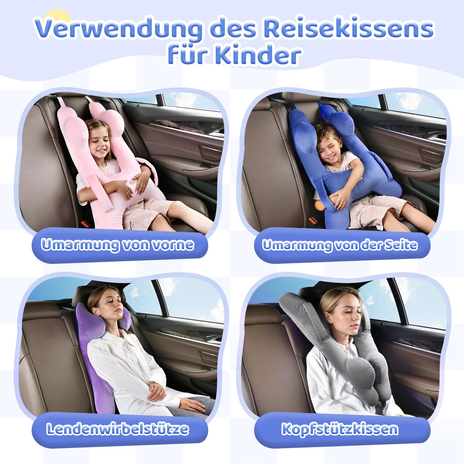 FLORICH Kinder Reisekissen, Schlafkissen Auto Kinder, Abnehmbares H förmiges Kissen Atmungsaktiv für Jungen und Mädchen und Erwachsene für Auto Urlaub (Dunkelgrau)