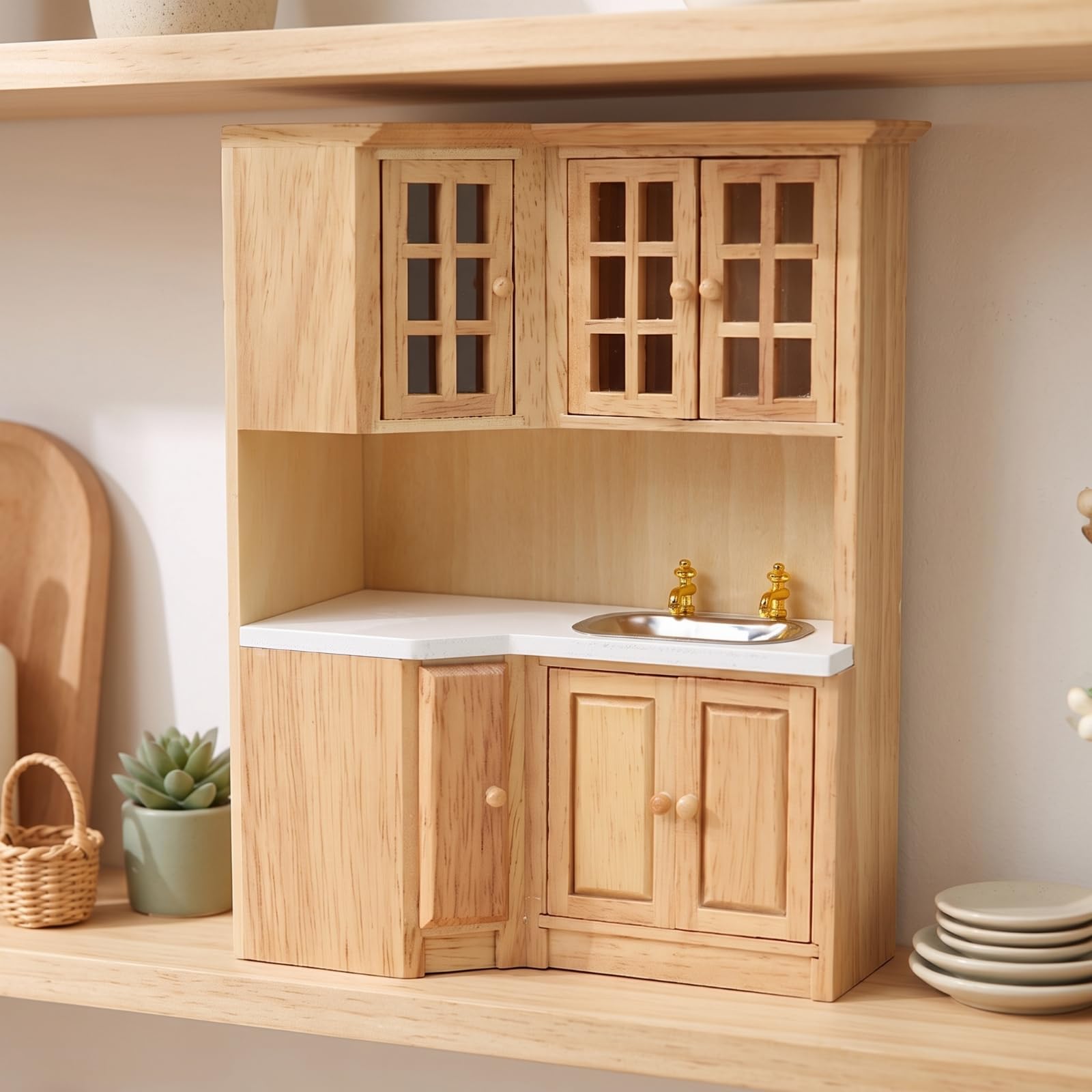 Colcolo Casa de Muñecas Miniatura Armario Alacena Mueble Cocina con Compartimento de Horno y Pomos Pequeños Redondos Madera de Escala 1 12 Adecuada para