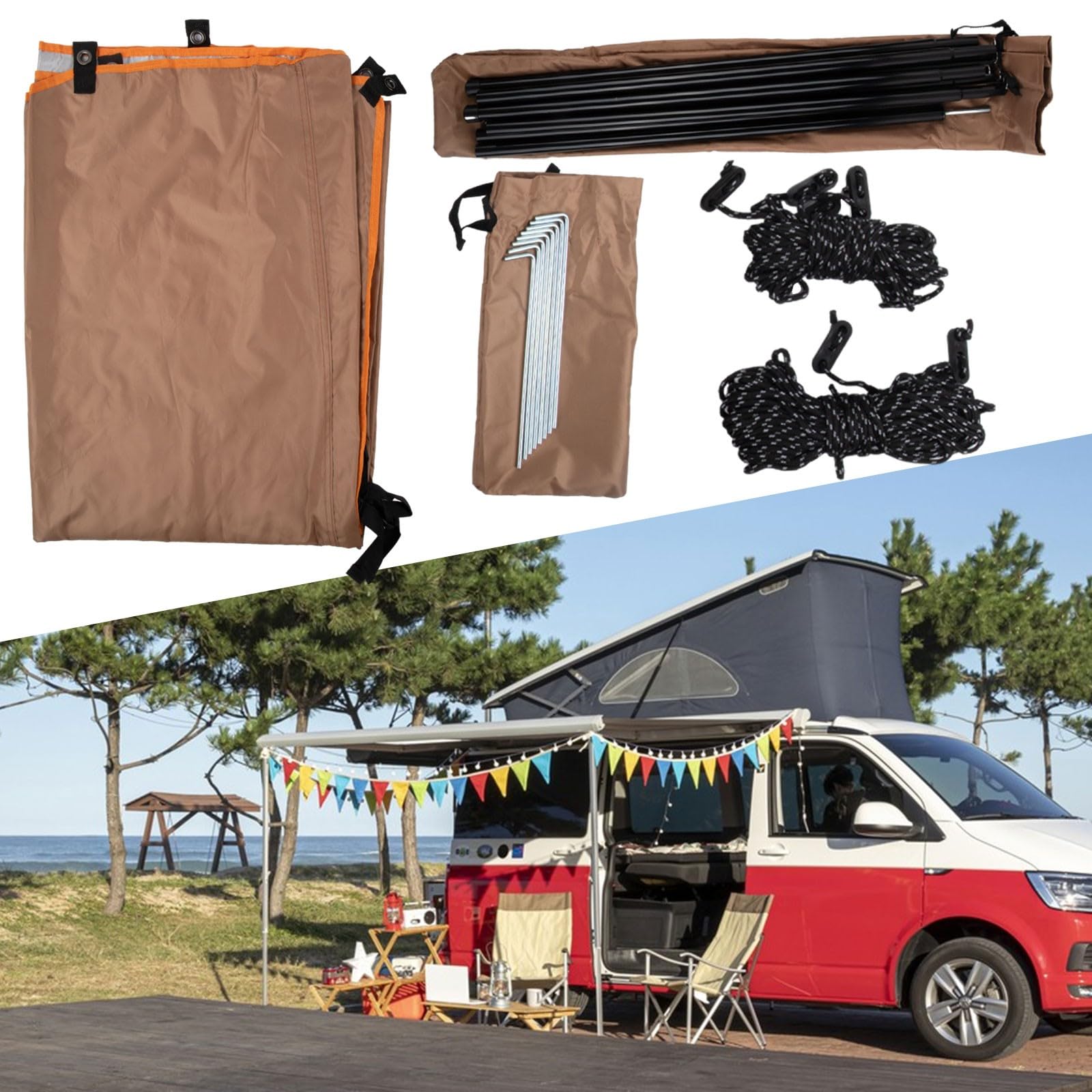 EasyByMall Khaki Sonnendach Markise für Wohnmobil, Wohnmobil, SUV und Wohnwagen - 6 m² feuerhemmender 210D Unterstand mit verstellbaren Stangen, freistehendes Design für Regen- und Sonnenschutz