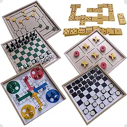 6 em 1 Jogos de Tabuleiro Clássicos Xadrez, Damas, Ludo, Jogo Da Velha, Dominó, Trilha (6 Jogos em 1 caixa)