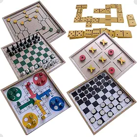 6 em 1 Jogos de Tabuleiro Clássicos Xadrez, Damas, Ludo, Jogo Da Velha, Dominó, Trilha (6 Jogos em 1 caixa)